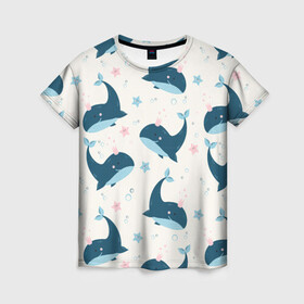 Женская футболка 3D с принтом Киты в Екатеринбурге, 100% полиэфир ( синтетическое хлопкоподобное полотно) | прямой крой, круглый вырез горловины, длина до линии бедер | whale | белый кит | кит | киты | корабли | кораблики | маяк | морские | паттерн | синий кит | чайки
