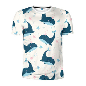 Мужская футболка 3D спортивная с принтом Киты в Екатеринбурге, 100% полиэстер с улучшенными характеристиками | приталенный силуэт, круглая горловина, широкие плечи, сужается к линии бедра | whale | белый кит | кит | киты | корабли | кораблики | маяк | морские | паттерн | синий кит | чайки