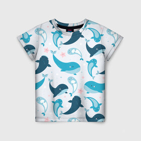 Детская футболка 3D с принтом Киты и тюлени в Екатеринбурге, 100% гипоаллергенный полиэфир | прямой крой, круглый вырез горловины, длина до линии бедер, чуть спущенное плечо, ткань немного тянется | Тематика изображения на принте: whale | белый кит | кит | киты | корабли | кораблики | маяк | морские | паттерн | синий кит | чайки