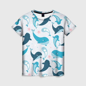 Женская футболка 3D с принтом Киты и тюлени в Екатеринбурге, 100% полиэфир ( синтетическое хлопкоподобное полотно) | прямой крой, круглый вырез горловины, длина до линии бедер | whale | белый кит | кит | киты | корабли | кораблики | маяк | морские | паттерн | синий кит | чайки