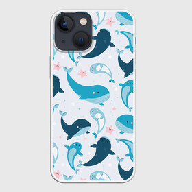 Чехол для iPhone 13 mini с принтом Киты и тюлени в Екатеринбурге,  |  | whale | белый кит | кит | киты | корабли | кораблики | маяк | морские | паттерн | синий кит | чайки