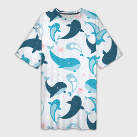 Платье-футболка 3D с принтом Киты и тюлени в Екатеринбурге,  |  | whale | белый кит | кит | киты | корабли | кораблики | маяк | морские | паттерн | синий кит | чайки