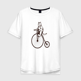 Мужская футболка хлопок Oversize с принтом Винтажный кот на велосипеде в Екатеринбурге, 100% хлопок | свободный крой, круглый ворот, “спинка” длиннее передней части | art | cat | circus | fat cat | grand b | kitten | kitty | penny farthing | pennyfarthing | retro | vintage | арт | велосипед с большим колесом | винтаж | винтажный рисунок | котик | кошка | пенни фартинг | пеннифартинг | ретро | толстый кот |
