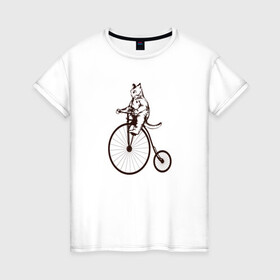 Женская футболка хлопок с принтом Винтажный кот на велосипеде в Екатеринбурге, 100% хлопок | прямой крой, круглый вырез горловины, длина до линии бедер, слегка спущенное плечо | art | cat | circus | fat cat | grand b | kitten | kitty | penny farthing | pennyfarthing | retro | vintage | арт | велосипед с большим колесом | винтаж | винтажный рисунок | котик | кошка | пенни фартинг | пеннифартинг | ретро | толстый кот |