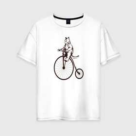 Женская футболка хлопок Oversize с принтом Винтажный кот на велосипеде в Екатеринбурге, 100% хлопок | свободный крой, круглый ворот, спущенный рукав, длина до линии бедер
 | art | cat | circus | fat cat | grand b | kitten | kitty | penny farthing | pennyfarthing | retro | vintage | арт | велосипед с большим колесом | винтаж | винтажный рисунок | котик | кошка | пенни фартинг | пеннифартинг | ретро | толстый кот |