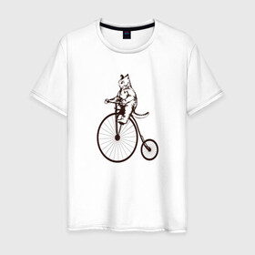 Мужская футболка хлопок с принтом Винтажный кот на велосипеде в Екатеринбурге, 100% хлопок | прямой крой, круглый вырез горловины, длина до линии бедер, слегка спущенное плечо. | art | cat | circus | fat cat | grand b | kitten | kitty | penny farthing | pennyfarthing | retro | vintage | арт | велосипед с большим колесом | винтаж | винтажный рисунок | котик | кошка | пенни фартинг | пеннифартинг | ретро | толстый кот |