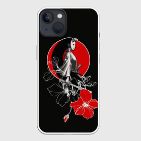 Чехол для iPhone 13 с принтом Девушка кошка самурай в Екатеринбурге,  |  | catgirl | алые цветы | аниме | бакэнэко | девушка кошка | кошачьи уши | маска | нэко | онна бугэйся | самурай | цветы | япония
