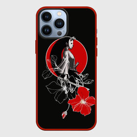 Чехол для iPhone 13 Pro Max с принтом Девушка кошка самурай в Екатеринбурге,  |  | Тематика изображения на принте: catgirl | алые цветы | аниме | бакэнэко | девушка кошка | кошачьи уши | маска | нэко | онна бугэйся | самурай | цветы | япония