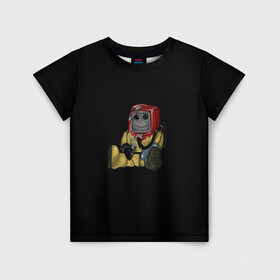 Детская футболка 3D с принтом Smiley Hazmat Rust в Екатеринбурге, 100% гипоаллергенный полиэфир | прямой крой, круглый вырез горловины, длина до линии бедер, чуть спущенное плечо, ткань немного тянется | adventure | fun | hazmat | rust | videogame | игра | костюм | позитив | раст | химзащита | химкостюм