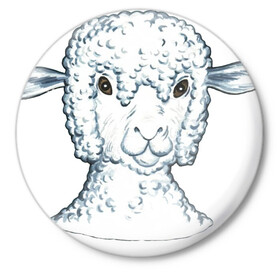 Значок с принтом Овечка в Екатеринбурге,  металл | круглая форма, металлическая застежка в виде булавки | арт | белая | белое животное | овечка | овца | пушистая | пушистик | пушистое животное | рисунок | ушки