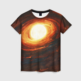 Женская футболка 3D с принтом ГАЛАКТИКА КОСМОС СОЛНЦЕ в Екатеринбурге, 100% полиэфир ( синтетическое хлопкоподобное полотно) | прямой крой, круглый вырез горловины, длина до линии бедер | space | галактика | звезды | космос | метеориты | огонь | планеты | солнечная система. | солнце
