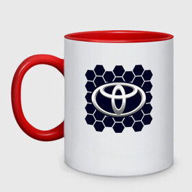 Кружка двухцветная с принтом Toyota - Honeycomb в Екатеринбурге, керамика | объем — 330 мл, диаметр — 80 мм. Цветная ручка и кайма сверху, в некоторых цветах — вся внутренняя часть | auto | camry | corolla | cruiser | land | logo | moto | rav | supra | toyota | авенсис | авто | автомобиль | камри | королла | крузер | ленд | лого | логотип | логотипы | марка | мото | рав | символ | соты | тойота | шильдик