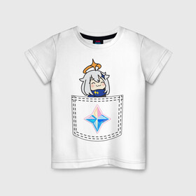 Детская футболка хлопок с принтом Pocket Paimon в Екатеринбурге, 100% хлопок | круглый вырез горловины, полуприлегающий силуэт, длина до линии бедер | anime | genshin | impact | paimon | primogem | аниме | геншин | импакт | истока | камень | паймон