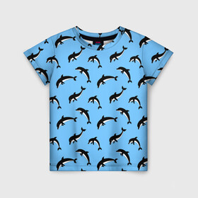 Детская футболка 3D с принтом Дельфины в Екатеринбурге, 100% гипоаллергенный полиэфир | прямой крой, круглый вырез горловины, длина до линии бедер, чуть спущенное плечо, ткань немного тянется | dolphin | дельфин | дельфины | море | морские | на голубом | с дельфином