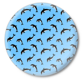 Значок с принтом Дельфины в Екатеринбурге,  металл | круглая форма, металлическая застежка в виде булавки | dolphin | дельфин | дельфины | море | морские | на голубом | с дельфином