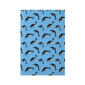 Обложка для паспорта матовая кожа с принтом Дельфины в Екатеринбурге, натуральная матовая кожа | размер 19,3 х 13,7 см; прозрачные пластиковые крепления | Тематика изображения на принте: dolphin | дельфин | дельфины | море | морские | на голубом | с дельфином
