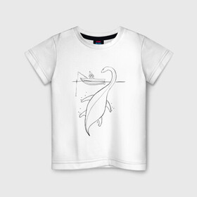 Детская футболка хлопок с принтом Рыбак и Несси в Екатеринбурге, 100% хлопок | круглый вырез горловины, полуприлегающий силуэт, длина до линии бедер | клёв | клюет | лодка | монстр | несси | озеро | рыба | рыбак | рыбалка | сон | удочка | чудовище