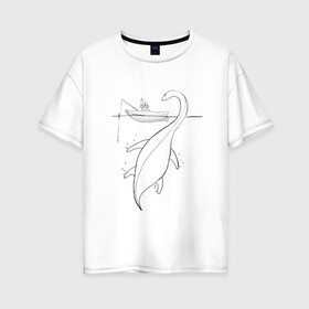Женская футболка хлопок Oversize с принтом Рыбак и Несси в Екатеринбурге, 100% хлопок | свободный крой, круглый ворот, спущенный рукав, длина до линии бедер
 | клёв | клюет | лодка | монстр | несси | озеро | рыба | рыбак | рыбалка | сон | удочка | чудовище