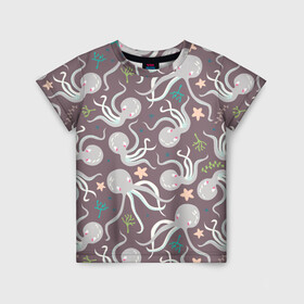 Детская футболка 3D с принтом Осьминоги в Екатеринбурге, 100% гипоаллергенный полиэфир | прямой крой, круглый вырез горловины, длина до линии бедер, чуть спущенное плечо, ткань немного тянется | Тематика изображения на принте: cute | octopus | милый | морское | осьминог | осьминожка | паттерн | тентакли | щупальца