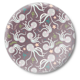 Значок с принтом Осьминоги в Екатеринбурге,  металл | круглая форма, металлическая застежка в виде булавки | cute | octopus | милый | морское | осьминог | осьминожка | паттерн | тентакли | щупальца