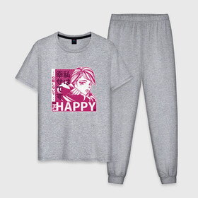 Мужская пижама хлопок с принтом Happy Sad Anime Girl Kanji в Екатеринбурге, 100% хлопок | брюки и футболка прямого кроя, без карманов, на брюках мягкая резинка на поясе и по низу штанин
 | anime | chibi | cute | girls | happiness | im happy | japan | japanese | kawaii | manga | waifu | анимешник | анимешница | грусть | девочки | девушки | иероглифы | кандзи | лица | манга | настроение | рисунок в стиле аниме | счастье | типичная 