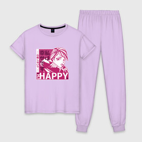 Женская пижама хлопок с принтом Happy Sad Anime Girl Kanji в Екатеринбурге, 100% хлопок | брюки и футболка прямого кроя, без карманов, на брюках мягкая резинка на поясе и по низу штанин | anime | chibi | cute | girls | happiness | im happy | japan | japanese | kawaii | manga | waifu | анимешник | анимешница | грусть | девочки | девушки | иероглифы | кандзи | лица | манга | настроение | рисунок в стиле аниме | счастье | типичная 