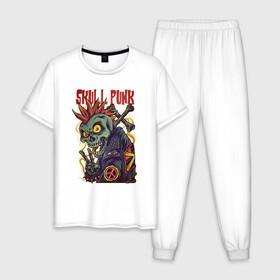 Мужская пижама хлопок с принтом Skull Punk в Екатеринбурге, 100% хлопок | брюки и футболка прямого кроя, без карманов, на брюках мягкая резинка на поясе и по низу штанин
 | анархия | арт | графика | зомби | ирокез | кости | косуха | крест | панк | скелет | черепа