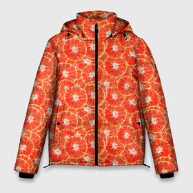Мужская зимняя куртка 3D с принтом Красный Апельсин в Екатеринбурге, верх — 100% полиэстер; подкладка — 100% полиэстер; утеплитель — 100% полиэстер | длина ниже бедра, свободный силуэт Оверсайз. Есть воротник-стойка, отстегивающийся капюшон и ветрозащитная планка. 

Боковые карманы с листочкой на кнопках и внутренний карман на молнии. | Тематика изображения на принте: orange | red | апельсин | красный | цитрусы