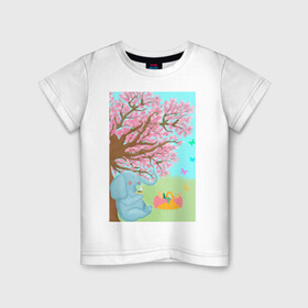 Детская футболка хлопок с принтом слоненок на пикнике в Екатеринбурге, 100% хлопок | круглый вырез горловины, полуприлегающий силуэт, длина до линии бедер | бабочки | весна | дерево | животное | зеленый | корзина | кофе | лето | листья.детская иллюстрация | небо | отдых | рисунок | розовый | сакура | слон | слоненок | фрукты | чай
