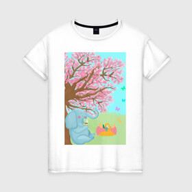 Женская футболка хлопок с принтом слоненок на пикнике в Екатеринбурге, 100% хлопок | прямой крой, круглый вырез горловины, длина до линии бедер, слегка спущенное плечо | бабочки | весна | дерево | животное | зеленый | корзина | кофе | лето | листья.детская иллюстрация | небо | отдых | рисунок | розовый | сакура | слон | слоненок | фрукты | чай