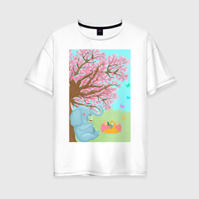 Женская футболка хлопок Oversize с принтом слоненок на пикнике в Екатеринбурге, 100% хлопок | свободный крой, круглый ворот, спущенный рукав, длина до линии бедер
 | бабочки | весна | дерево | животное | зеленый | корзина | кофе | лето | листья.детская иллюстрация | небо | отдых | рисунок | розовый | сакура | слон | слоненок | фрукты | чай