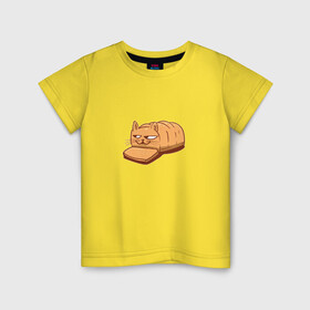 Детская футболка хлопок с принтом Кот хлеб - Bread Cat в Екатеринбурге, 100% хлопок | круглый вырез горловины, полуприлегающий силуэт, длина до линии бедер | Тематика изображения на принте: kitten | kitty | meme | memes | puss | pussy | pussycat | батон | булка | булочка | киса | киска | кисуля | кот из мема | котёнок | котик | котята | кошка | мем | мемас | мемчик | не еш подумой | не ешь подумай | нееште меня | 