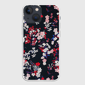 Чехол для iPhone 13 mini с принтом Цветы в Екатеринбурге,  |  | арт | ночь | рисунок | тёмный фон | цветок | цветы | чёрное | яркие цветы | яркий цветок