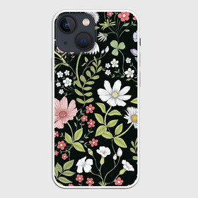 Чехол для iPhone 13 mini с принтом Полевые цветы в Екатеринбурге,  |  | арт | ночь | поле | полевые цветы | рисунок | ромашка | ромашки | тёмный фон | цветок | цветы | чёрное | яркие цветы | яркий цветок