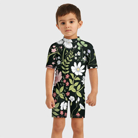 Детский купальный костюм 3D с принтом Полевые цветы в Екатеринбурге, Полиэстер 85%, Спандекс 15% | застежка на молнии на спине | арт | ночь | поле | полевые цветы | рисунок | ромашка | ромашки | тёмный фон | цветок | цветы | чёрное | яркие цветы | яркий цветок