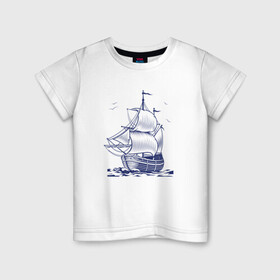 Детская футболка хлопок с принтом Корабль в Екатеринбурге, 100% хлопок | круглый вырез горловины, полуприлегающий силуэт, длина до линии бедер | ships | whale | кит | киты | корабли | кораблики | корабль | море | морские | морское | паруса | чайки