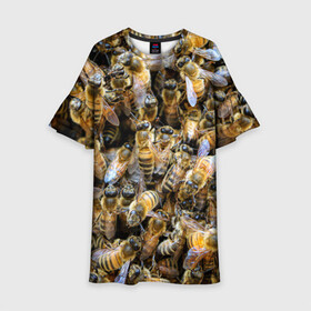 Детское платье 3D с принтом Пчёлы в Екатеринбурге, 100% полиэстер | прямой силуэт, чуть расширенный к низу. Круглая горловина, на рукавах — воланы | Тематика изображения на принте: живность | животное | животные | насекомое | насекомые | пчела | пчёлка | пчёлки | пчёлы