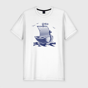 Мужская футболка хлопок Slim с принтом Парусная лодка в Екатеринбурге, 92% хлопок, 8% лайкра | приталенный силуэт, круглый вырез ворота, длина до линии бедра, короткий рукав | sailboat | викинги | кораблик | корабль | лодка | парус | парусная лодка | тату | татуировка