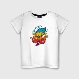 Детская футболка хлопок с принтом Ктулху цветной в Екатеринбурге, 100% хлопок | круглый вырез горловины, полуприлегающий силуэт, длина до линии бедер | king | kraken | octopus | корона | кракен | ктулху | море | морские | морское | осьминог | щупальца