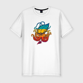 Мужская футболка хлопок Slim с принтом Ктулху цветной в Екатеринбурге, 92% хлопок, 8% лайкра | приталенный силуэт, круглый вырез ворота, длина до линии бедра, короткий рукав | Тематика изображения на принте: king | kraken | octopus | корона | кракен | ктулху | море | морские | морское | осьминог | щупальца