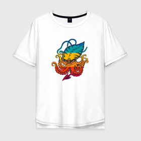 Мужская футболка хлопок Oversize с принтом Ктулху цветной в Екатеринбурге, 100% хлопок | свободный крой, круглый ворот, “спинка” длиннее передней части | king | kraken | octopus | корона | кракен | ктулху | море | морские | морское | осьминог | щупальца