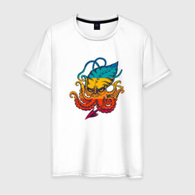 Мужская футболка хлопок с принтом Ктулху цветной в Екатеринбурге, 100% хлопок | прямой крой, круглый вырез горловины, длина до линии бедер, слегка спущенное плечо. | king | kraken | octopus | корона | кракен | ктулху | море | морские | морское | осьминог | щупальца