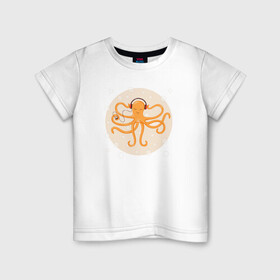 Детская футболка хлопок с принтом Осьминог в наушниках в Екатеринбурге, 100% хлопок | круглый вырез горловины, полуприлегающий силуэт, длина до линии бедер | king | kraken | octopus | корона | кракен | море | морские | морское | наушниках | осьминог | щупальца