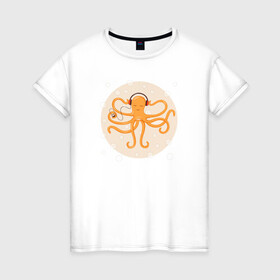 Женская футболка хлопок с принтом Осьминог в наушниках в Екатеринбурге, 100% хлопок | прямой крой, круглый вырез горловины, длина до линии бедер, слегка спущенное плечо | king | kraken | octopus | корона | кракен | море | морские | морское | наушниках | осьминог | щупальца