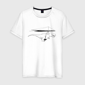 Мужская футболка хлопок с принтом Тирекс динозавр на дельтаплане в Екатеринбурге, 100% хлопок | прямой крой, круглый вырез горловины, длина до линии бедер, слегка спущенное плечо. | Тематика изображения на принте: t rex | дельтаплан | динозавр | полет | тирекс