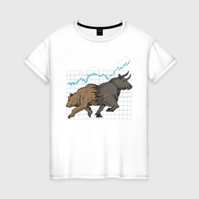 Женская футболка хлопок с принтом Бык или Медведь в Екатеринбурге, 100% хлопок | прямой крой, круглый вырез горловины, длина до линии бедер, слегка спущенное плечо | bulls | акции | банк | бык | инвестиции | медведь | тинькофф