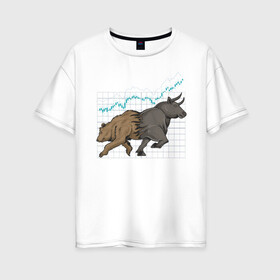 Женская футболка хлопок Oversize с принтом Бык или Медведь в Екатеринбурге, 100% хлопок | свободный крой, круглый ворот, спущенный рукав, длина до линии бедер
 | bulls | акции | банк | бык | инвестиции | медведь | тинькофф