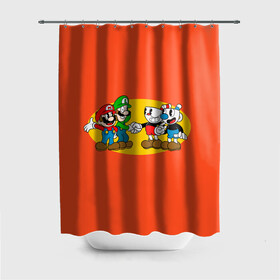 Штора 3D для ванной с принтом CupHead x Mario в Екатеринбурге, 100% полиэстер | плотность материала — 100 г/м2. Стандартный размер — 146 см х 180 см. По верхнему краю — пластиковые люверсы для креплений. В комплекте 10 пластиковых колец | arkade | cup head | cuphead | game | games | mario | аркада | игра | игры | кап хэд | капхед | купа хэд | марио | сгз руфв | сгзруфв | чашкоголовый
