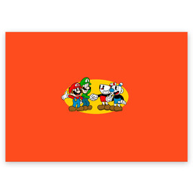Поздравительная открытка с принтом CupHead x Mario в Екатеринбурге, 100% бумага | плотность бумаги 280 г/м2, матовая, на обратной стороне линовка и место для марки
 | arkade | cup head | cuphead | game | games | mario | аркада | игра | игры | кап хэд | капхед | купа хэд | марио | сгз руфв | сгзруфв | чашкоголовый