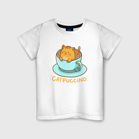 Детская футболка хлопок с принтом Catpuccino в Екатеринбурге, 100% хлопок | круглый вырез горловины, полуприлегающий силуэт, длина до линии бедер | Тематика изображения на принте: animal | cat | cute | kitty | meow | друг | животные | киска | китти | кот | котенок | котик | котэ | кошечка | кошка | милый | мур | мяу | питомец